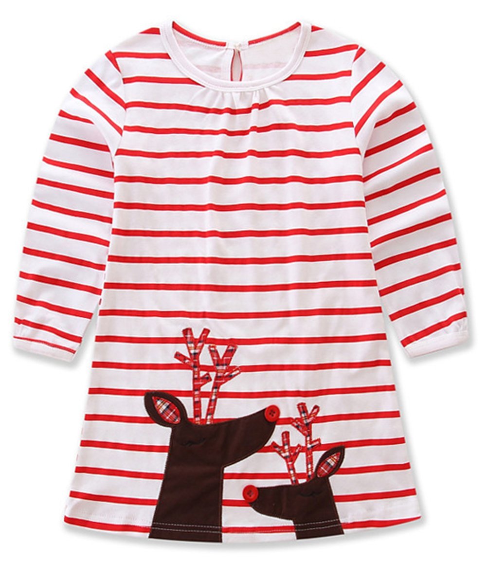 stylesilove Baby Girl Christmas Holiday Striped Print Reindeer Cotton Long Sleeve Dress (100/18-24 Months) White