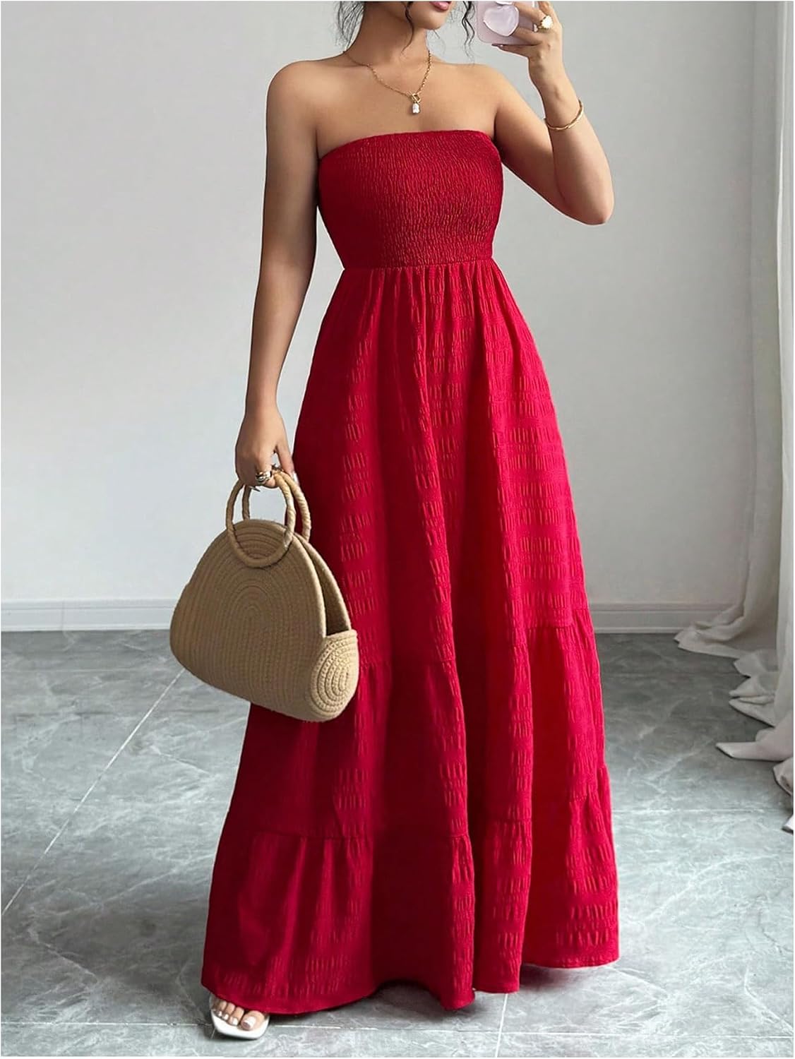 SHENHE Women's Strapless Tube Top Maxi Dress Smocked A Line Tiered Ruffle Flowy Party Dress