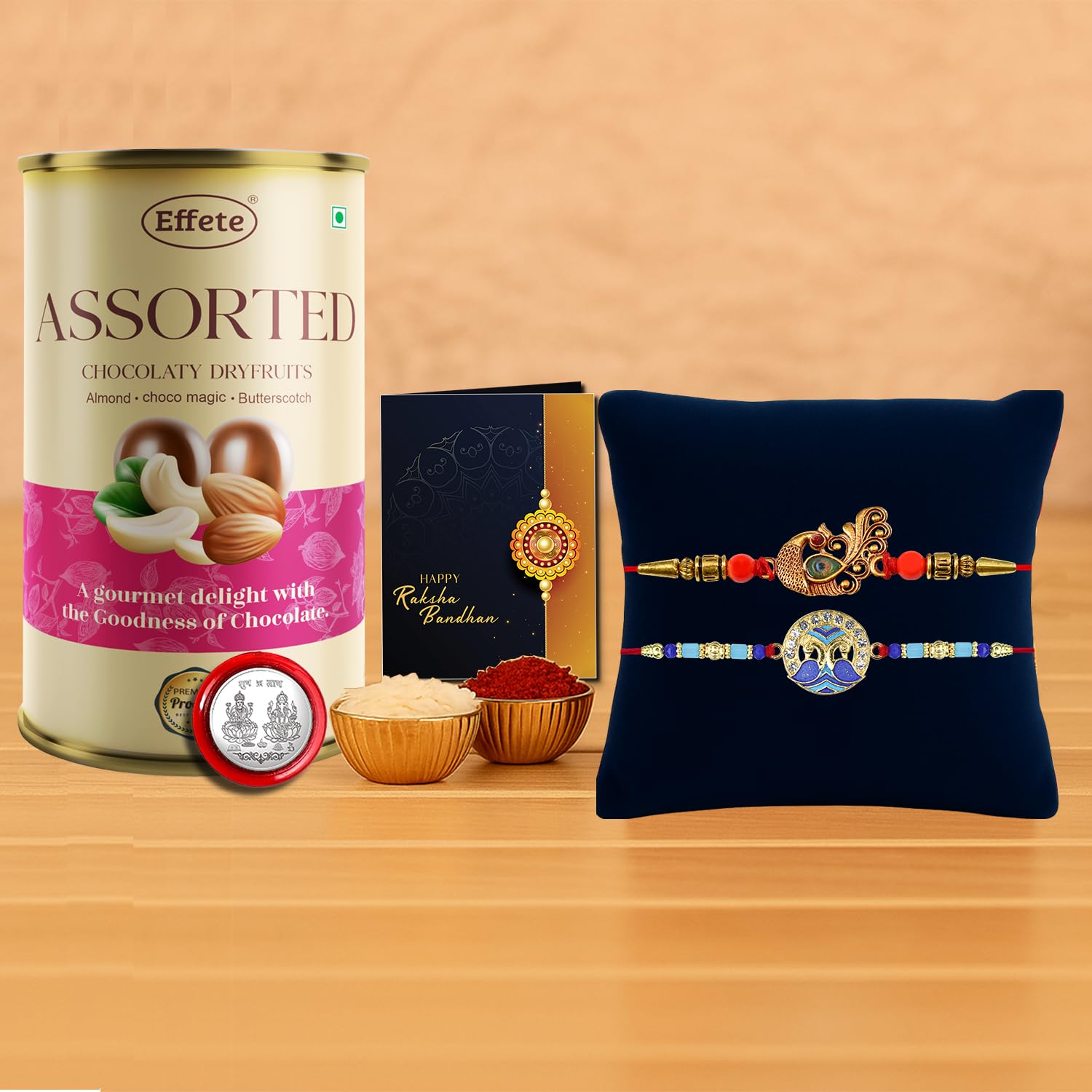 DeoDap Multicolor Bracelet/ Rakhi (K2_534+536_CRM) & Effete Emperor with Silver Color Pooja Coin, Roli Chawal & Greeting Card, Occasion, Rakhi Combo with card and chocolate, chocolates gift pack, Rakhi & Chocolate for brother, rakhi with gift, Set of 2 Rakhi-image-43