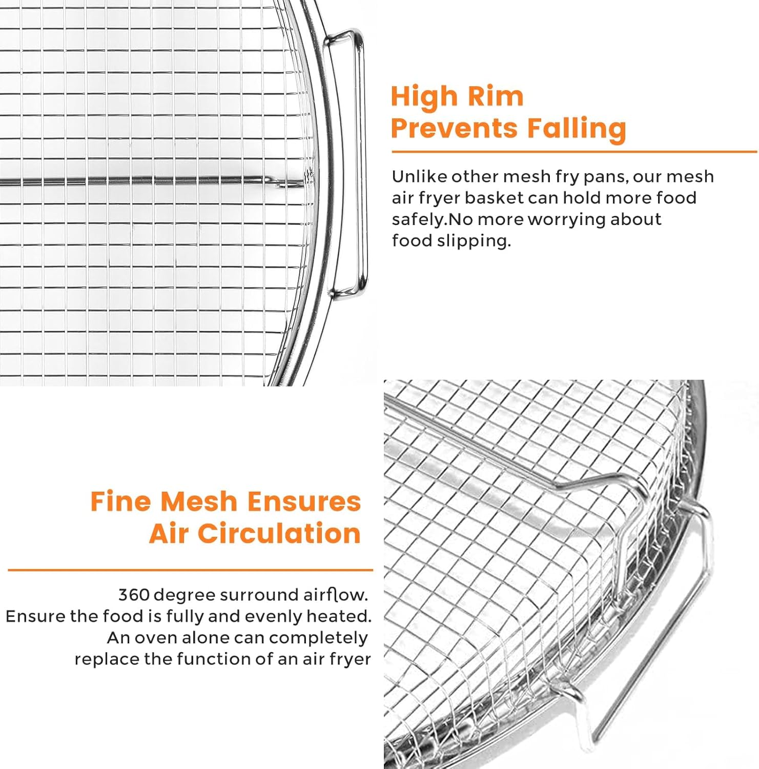 Air Fryer Basket for Oven,2 Pieces Set Round Silver 12.9'' Non-stick Stainless Steel Mesh Air Fryer Baking Tray Accessories Rack Roasting Grill Basket for Convection Oven Air Fryer, Dishwasher Safe