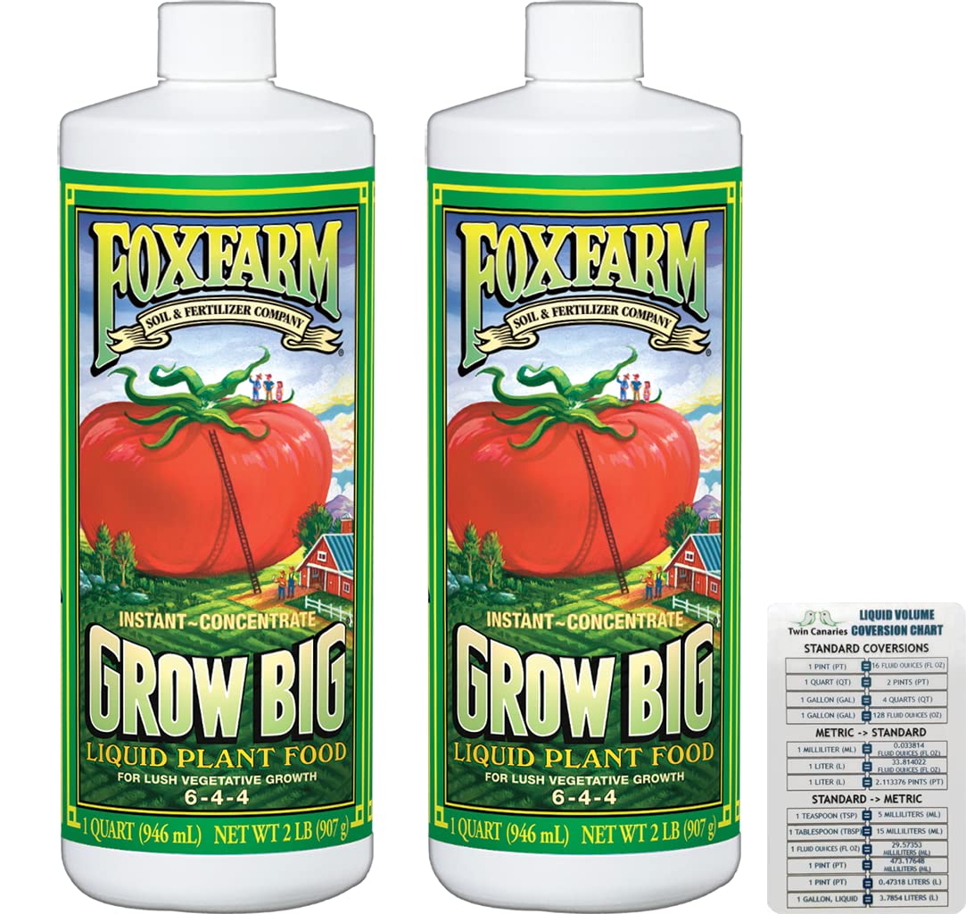 Foxfarm Fertilizer Grow Big, 1 Quart Bottle (32 oz) + Twin Canaries Chart (2 Pack)