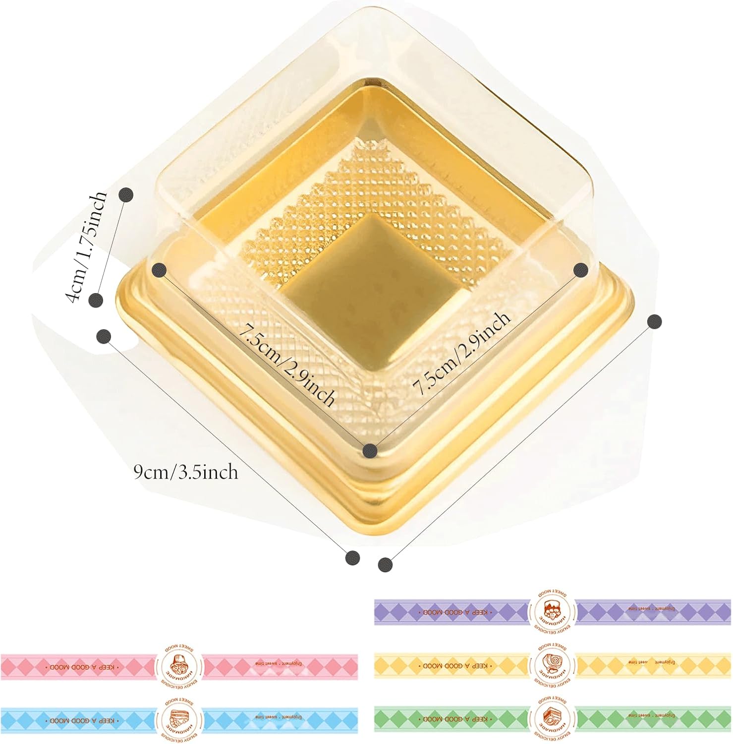 BenRan 100 Set 3.5 Inch Moon Cake Box Clear Plastic Mini Cake Cupcake Small Muffins Boxes Cake Pans with Lids Gift Dessert Containers Bonus 100 Pcs Cakes Stickers