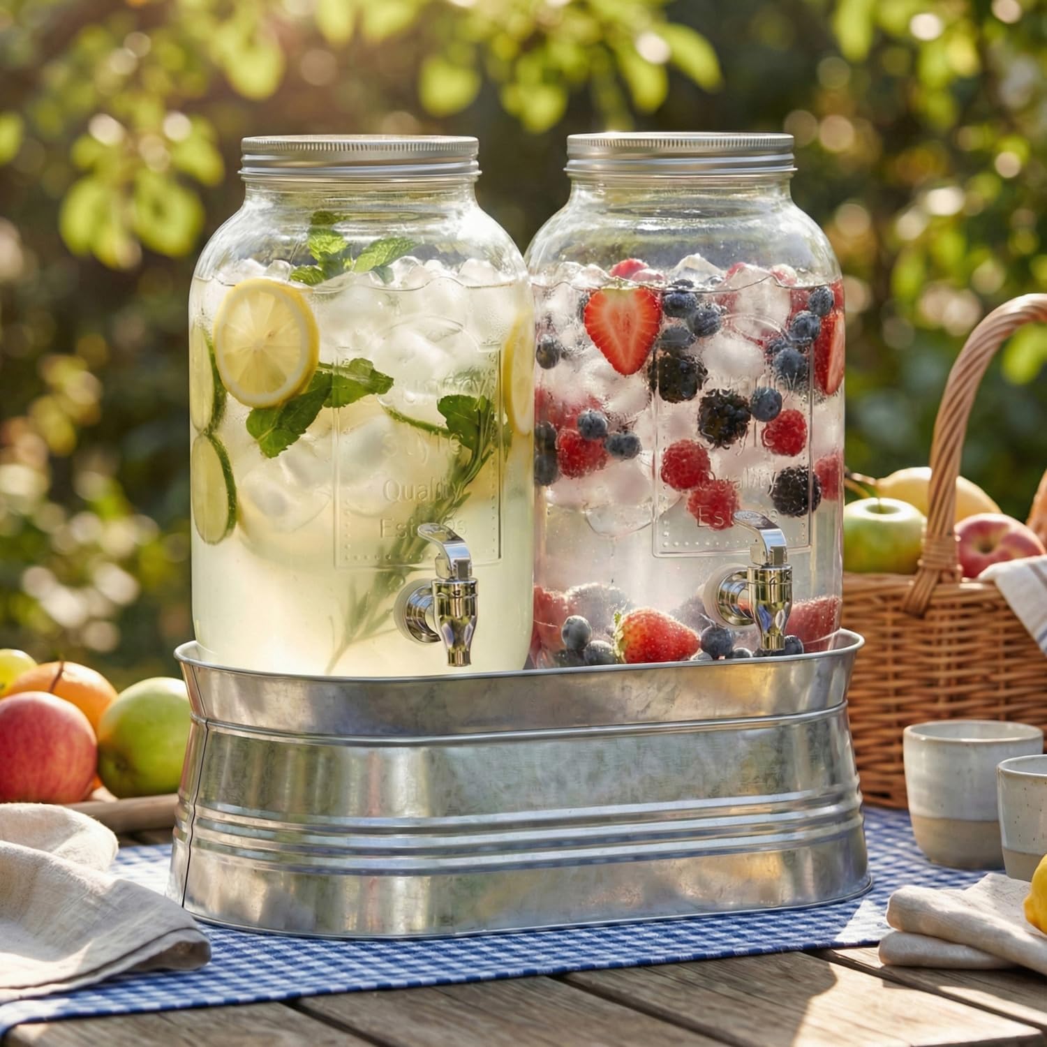 Style Setter Classic Farmhouse Beverage Dispenser Set of 2 Cold Drink Dispenser w/ 1-Gallon Capacity each Glass Jug, Metal Rack & Leak-Proof Acrylic Spigot Great for Parties, Weddings
