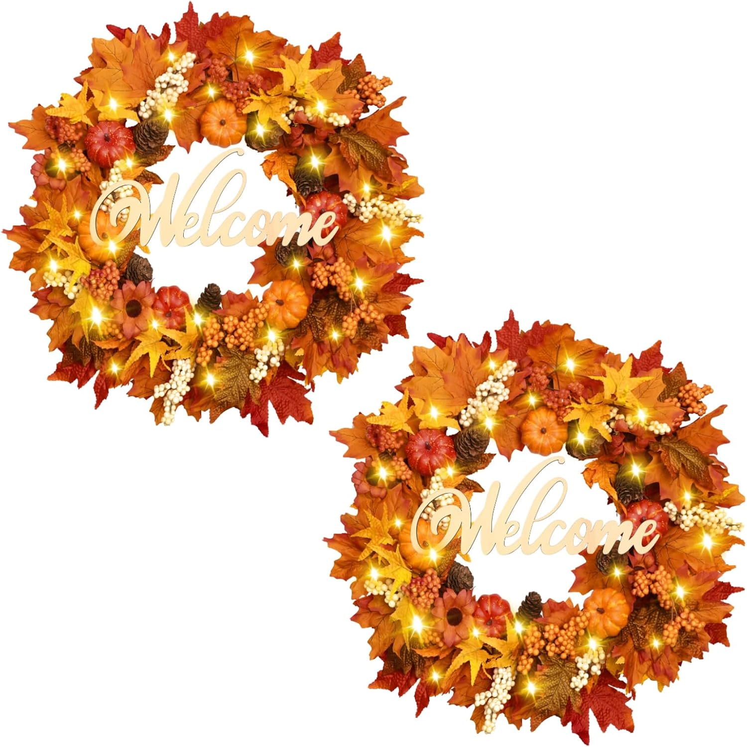 Waipfaru Fall Decor, 2 Pack Fall Wreaths for Front Door, Autumn Wreath with Lights and Welcome Sign, 20'' Outdoor Reef for Thanksgiving Farmhouse Front Porch Patio Decoration