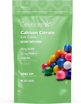 Celebrate Vitamins Bariatric Calcium Chews 500 Mg with Vitamin D3, 3 Months Supply 90 Chews for Gastric Sleeve & Bypass, Bone Health Support, Sugar & Gluten Free, Bubble Gum