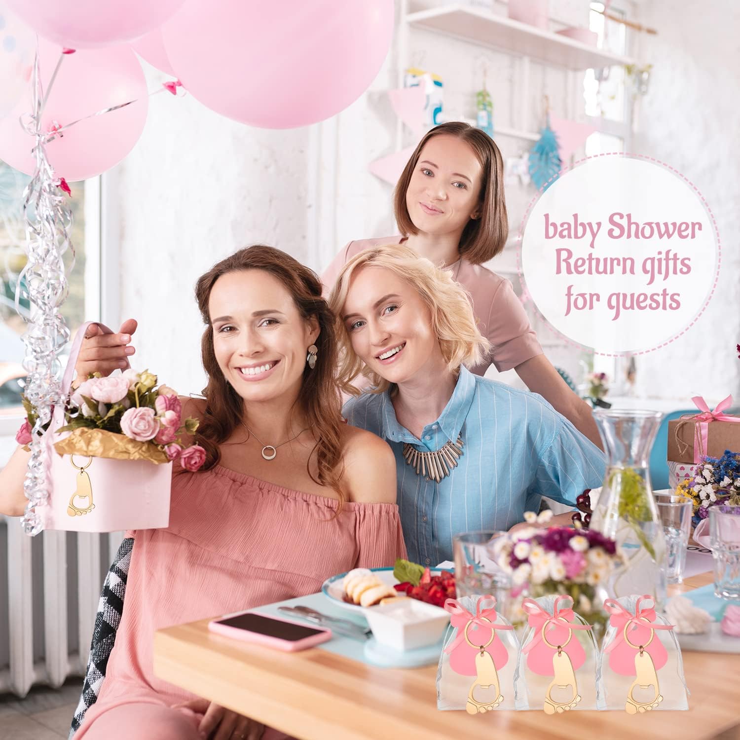 50 Pieces Baby Footprint Keycahin Bottle Openers Baby Boy or Girl Shower Decarotions Party Favors，Gifts or Souvenirs for Guests Bulk with DIY Tags and White Organza Bags Game Gifts (Pinkl)