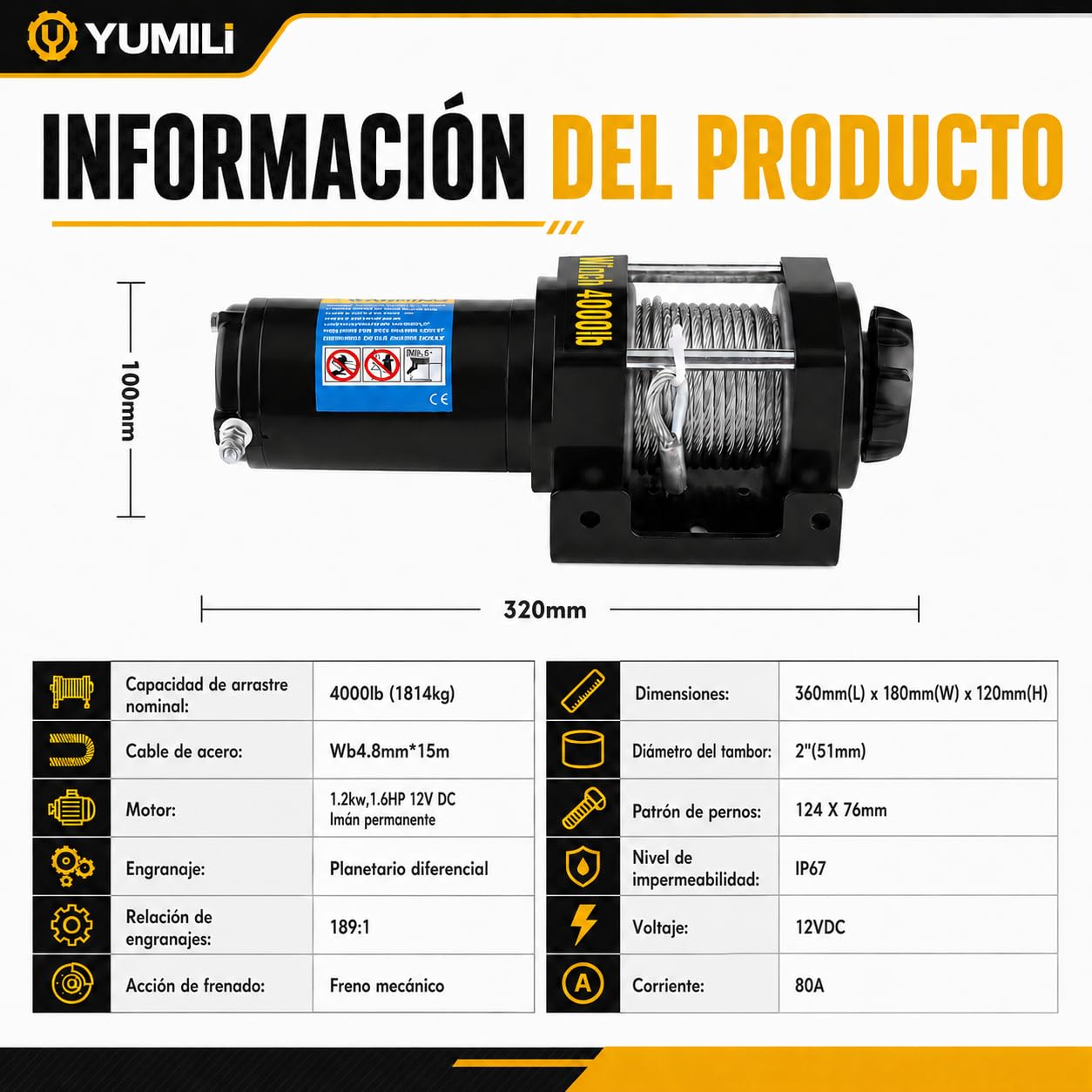 Cabrestante Eléctrico 12 V, 4000 LBS/1818 Kg Cabrestante Quad, Winchi Electrico Cable de Acero 4.8mm*15 m con Control Remoto Inalámbrico, IP67 para Remolque Todoterreno de Vehículos ATV UTV SUV