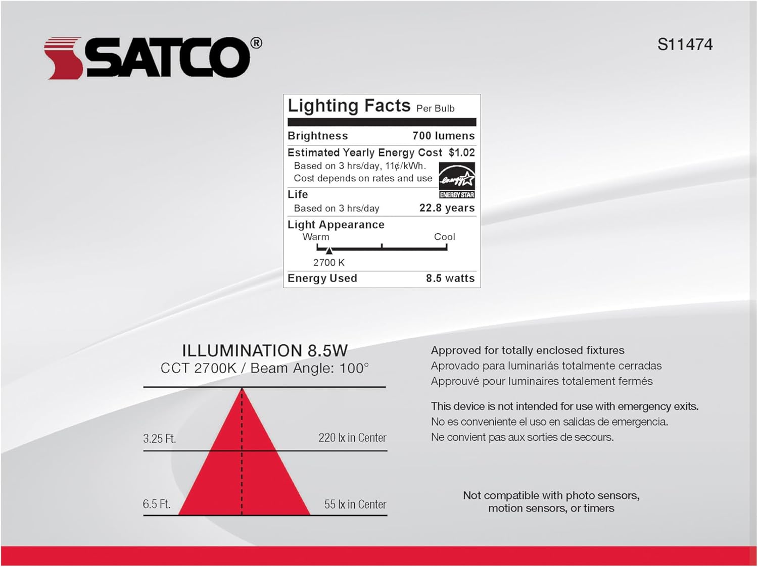 Satco S11474 LED BR30 Reflector Lamps, 65W Replacement, White, 8.5 Watts, 6 Pack