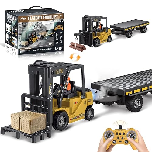 Ferngesteuertes Gabelstapler spielzeug 1:24 mit Anhänger, Nebel, Lichtern & Geräuschen, Kranmodus, 2 USB-aufladbare Batterien – Fernbedienungs-Lkw für Kinder ab 3 Jahren, interessantes Geschenk