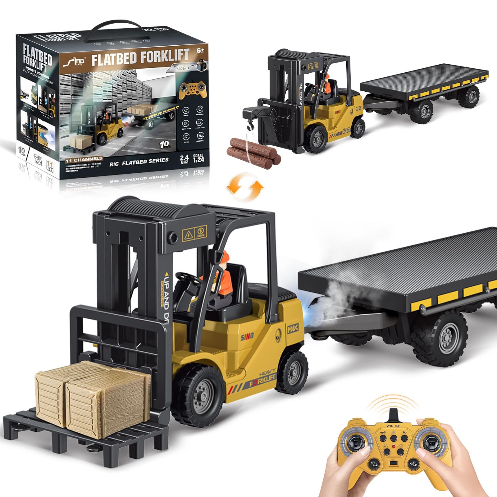 Cirmine 1:24 RC Forklift Construction Toy with Trailer, Mist, Lights & Sounds, Crane Mode, 2 USB Rechargeable Batteries – Remote Control Truck for Kids 3+, Birthday