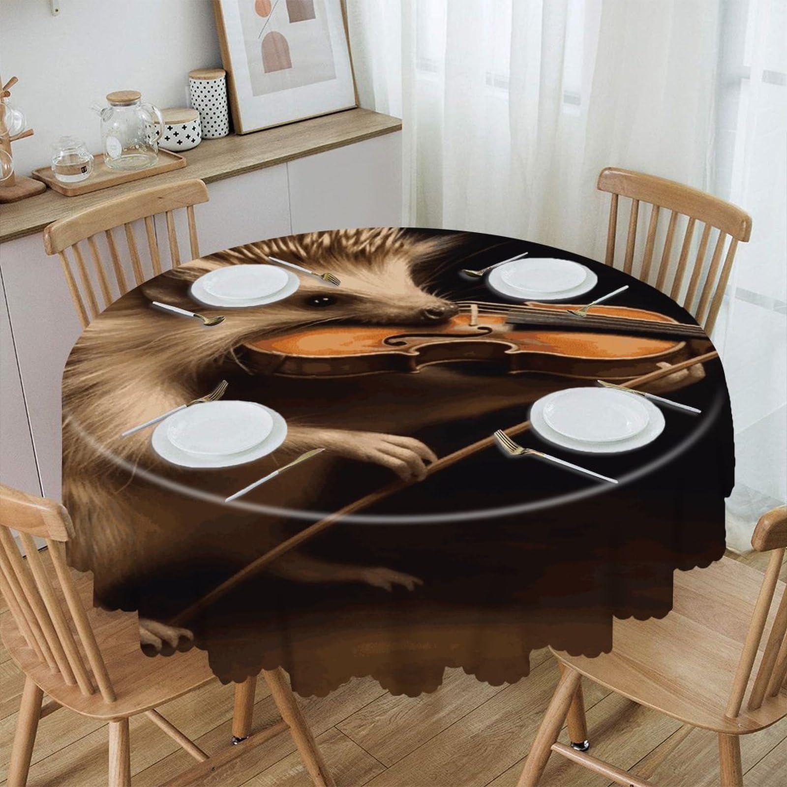 VstaDank Animal Hedgehog Music Violin Round Tablecloth 60 Inch Easy to Clean Circle Table Cover Thick Decorative Round Polyester Table Cloth for Dining Kitchen Party Farmhouse Outdoor