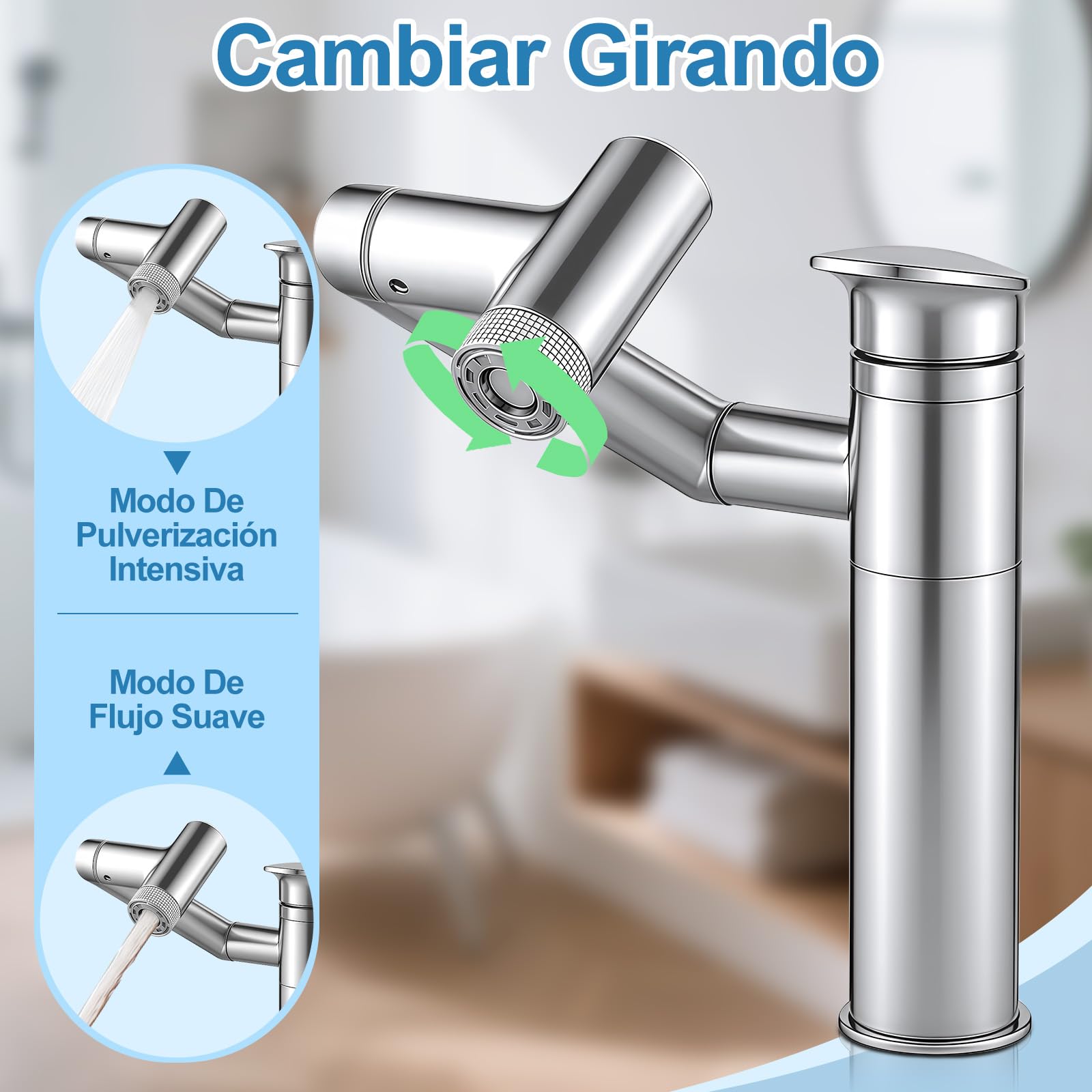 Grifos de baño, grifo de baño con indicador de temperatura, grifo mezclador de lavabo giratorio 1080°, grifo de lavabo, altura ajustable, grifo monomando (batería)