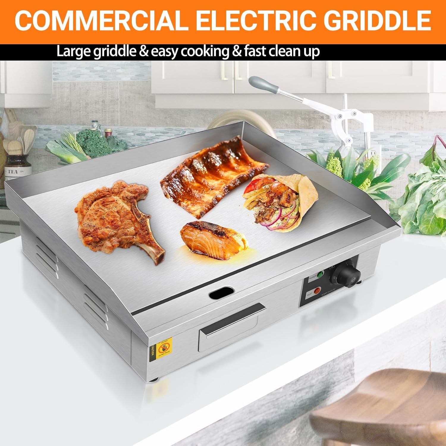 Commercial Electric Griddle, 22" 110V Teppanyaki Flat Top Grill, 3000W Countertop Griddle with Iron Non-Stick Cooking Plate, 0-572℉ Adjustable Temp Control Teppanyaki Grill