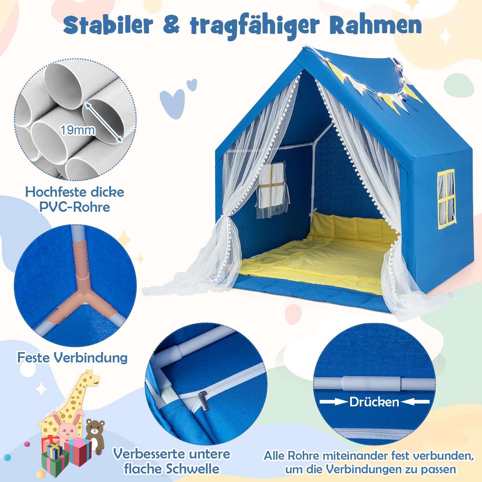 DREAMADE Kinderzelt für Drinnen mit Matte und Lichtern und Flaggenbanner, Kinder Spielhaus Indoor mit Vorhang & Fenstern, Tipi Zelt, Spielzelt für Jungen und Mädchen 121 x 105 x 125 cm (Blau)