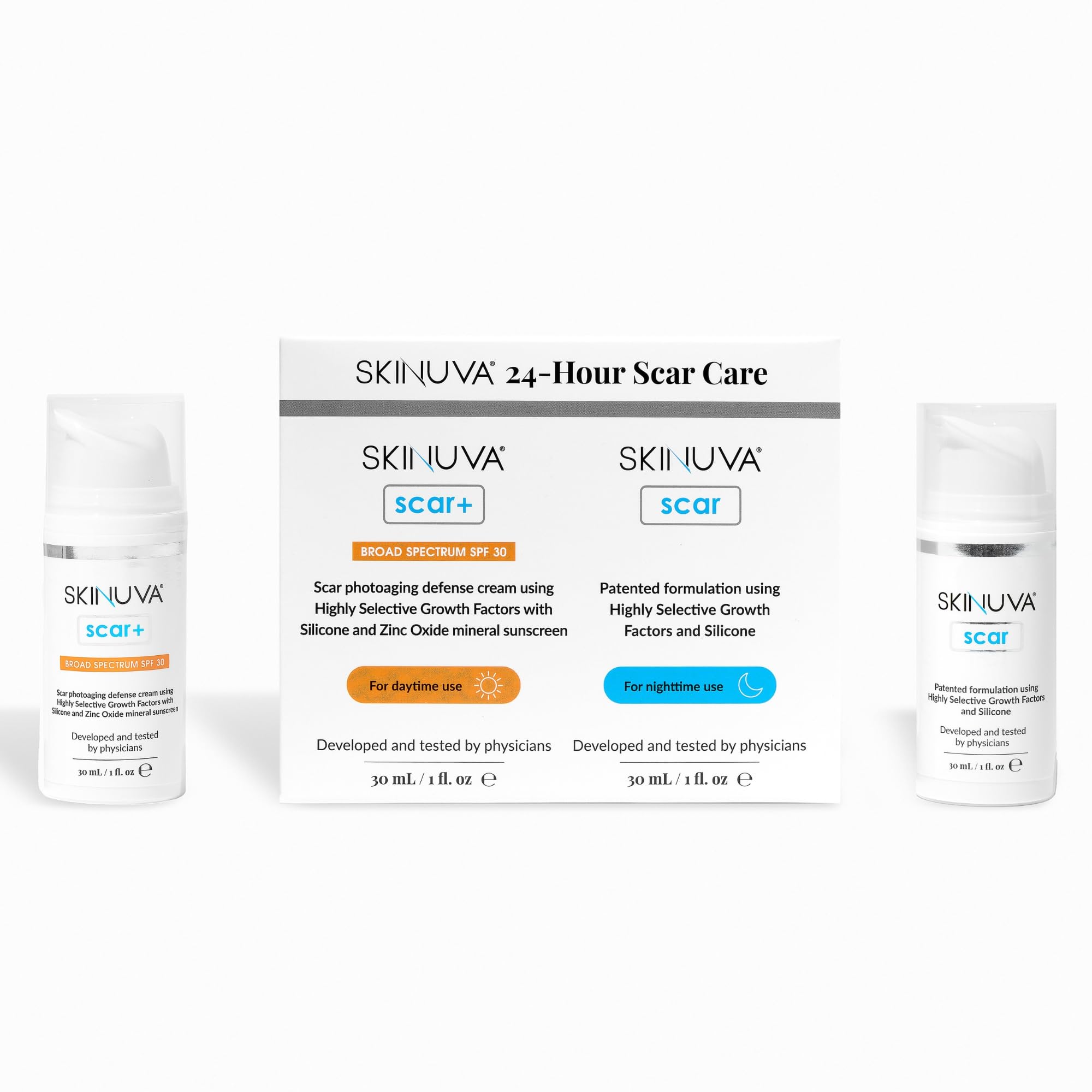 Skinuva® 24 Hour Care Kit: Next Generation Scar (1 oz) & Next Generation Scar+ SPF 30 (1 oz) - Advanced Silicone Cream Matrix Formulated with Growth
