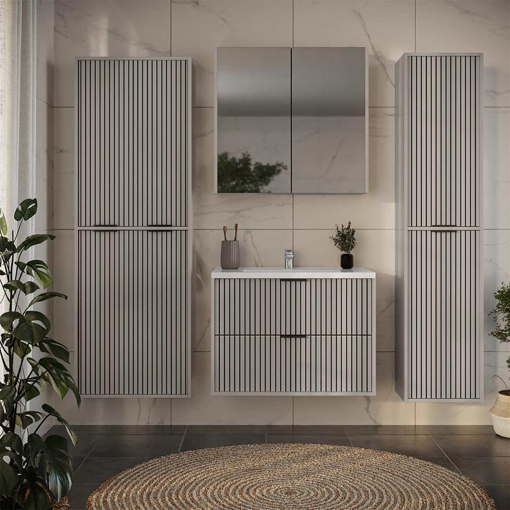 Vicco Badmöbel-Set Ruford, Cashmere, 80 cm, besteht aus Waschbeckenunterschrank inkl. Waschbecken, Midischrank und Badspiegel