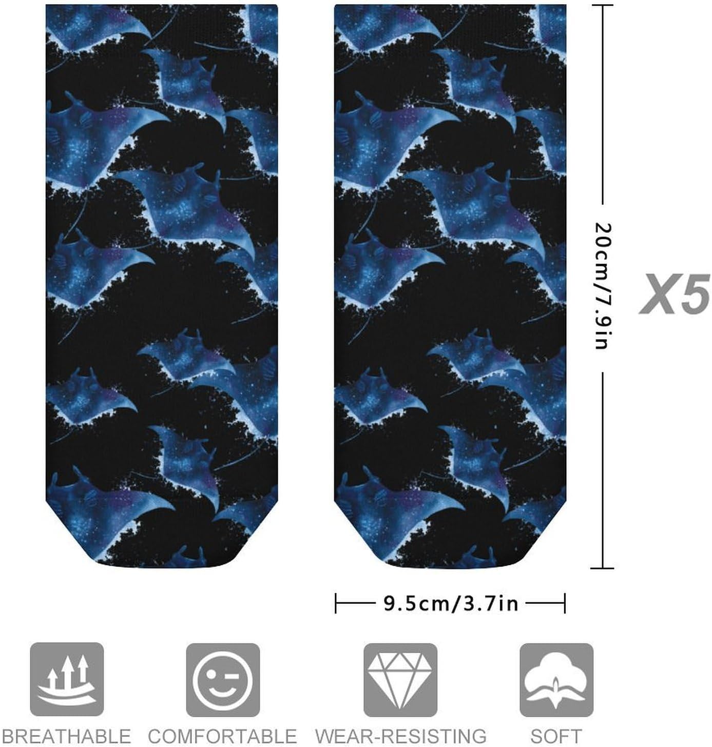 Watercolor Manta Ray Galaxy No Show Ankle Socks Low Cut Non Slip Flat Boat Line 5 Pairs Set