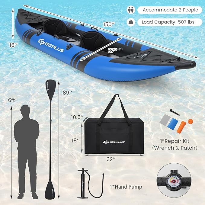 Goplus Kayak Inflable, 12.5 pies, 2 personas, 507 lb, con remos, asiento, bomba miniatura 6