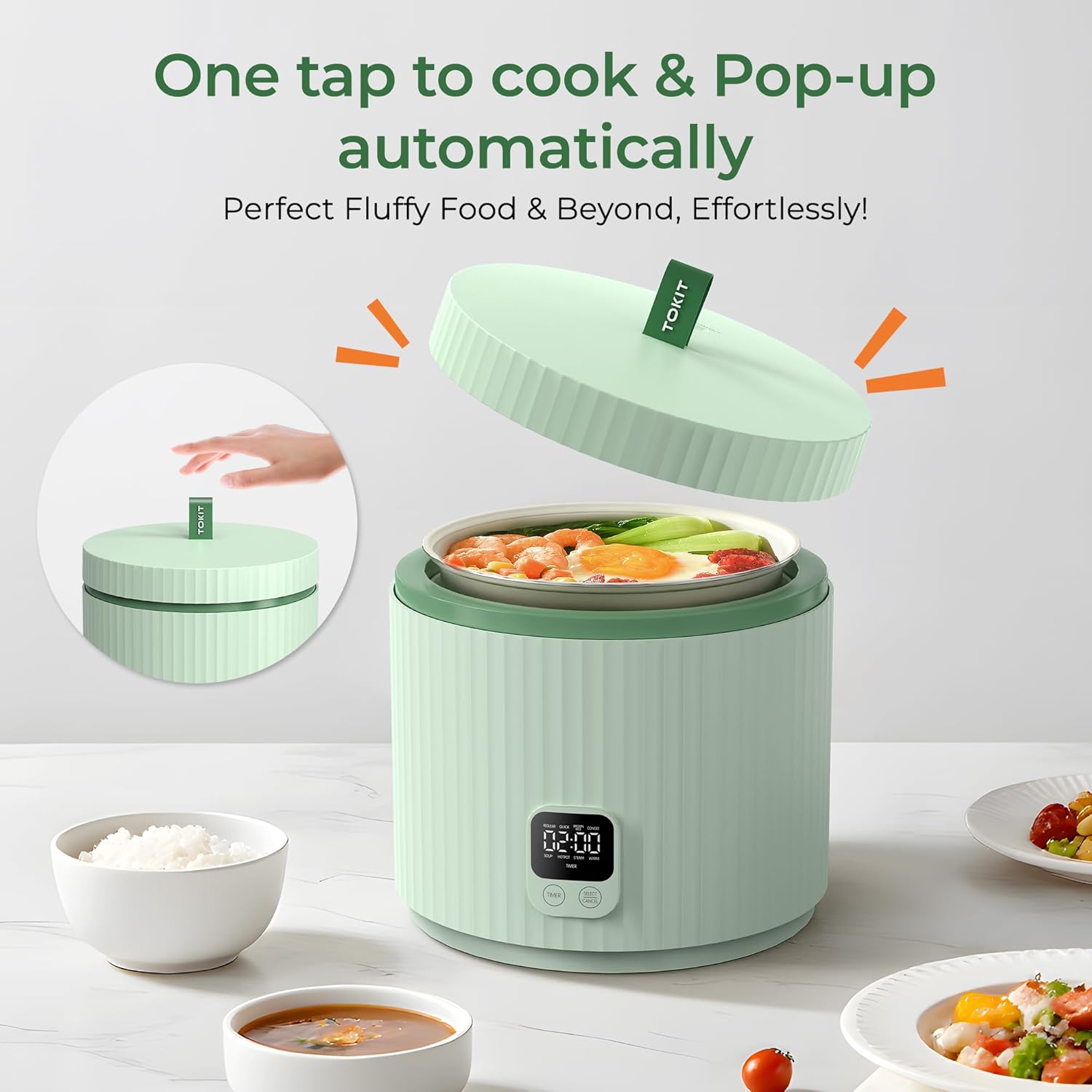 TOKIT Rice Cooker Small 3 Cup Uncooked /6 Cup Cooked, Modern Multifunctional Mini Rice Cooker with 24-H Timer & Warmer for 1-3 People Ceramic Coated Non-Stick Pot 8 Cook Functions, Avocado Green