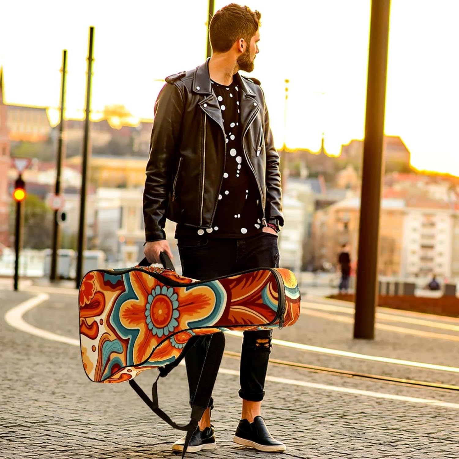 Acoustic Guitar Bag 0.4 Inch Thick Padding Waterproof Guitar Case Gig Bag for 40 41 42 Inch Electric Bass Classical Guitar, Retro Wild West Surface Design