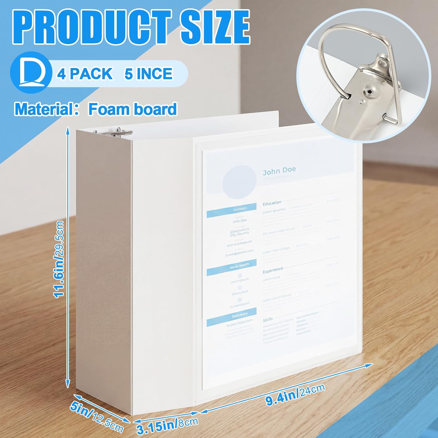 Henoyso 4 Pack 5 Inch D-Ring 3 Ring Binders with Clear Pocket, Heavy Duty Large Capacity Binder with Inside Pockets for Standard Pages 8.5 x 11, Presentation Binder for Office School(White)