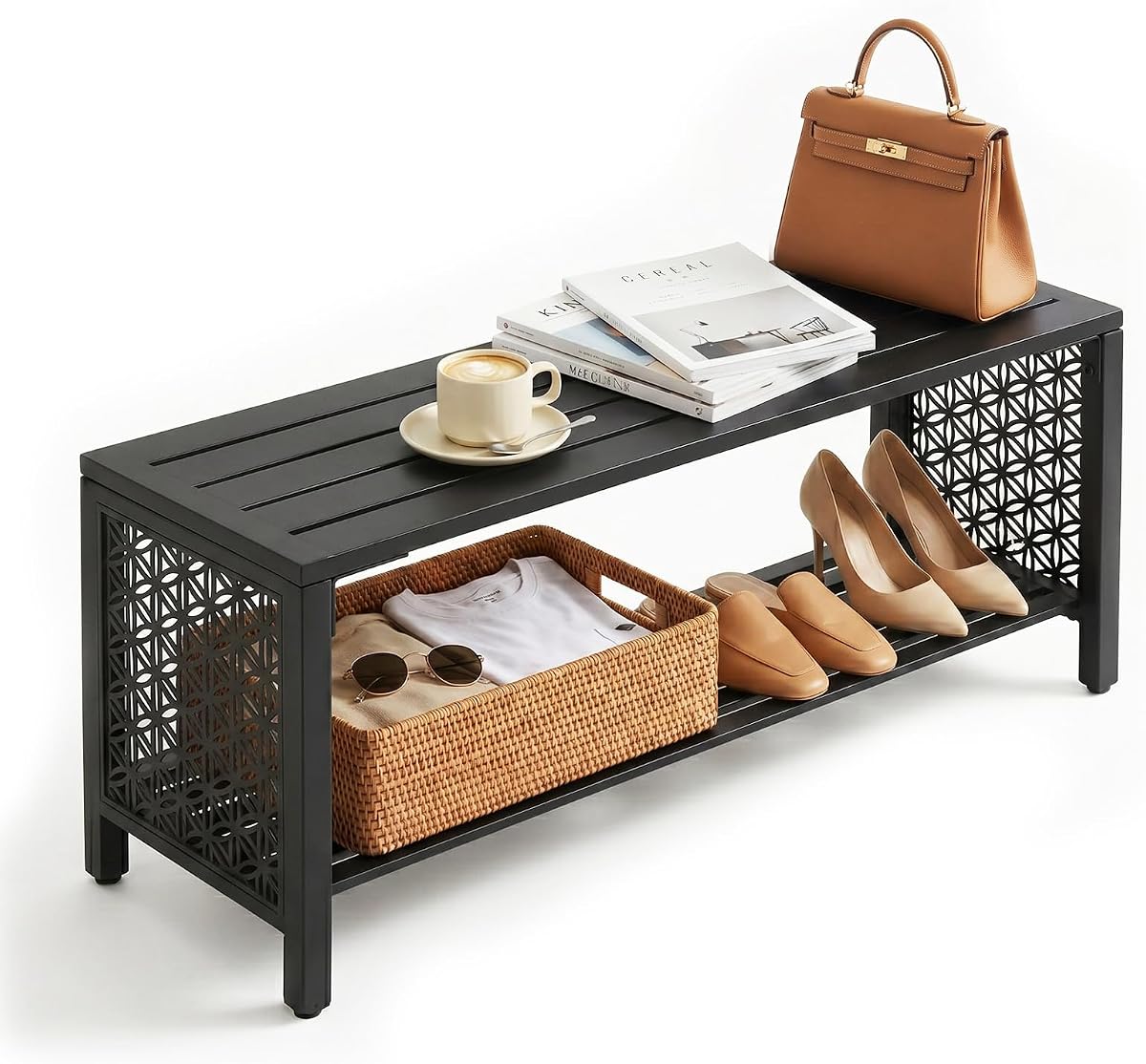 VINGLI 40'' Outdoor Bench with Storage Shelf, 2-Tier Double Layer Metal Shoe Rack Bench with Floral Side Panel, All-Weather Small Porch Seat, 2-Person Entryway Benches for Patio Mudroom (Black)