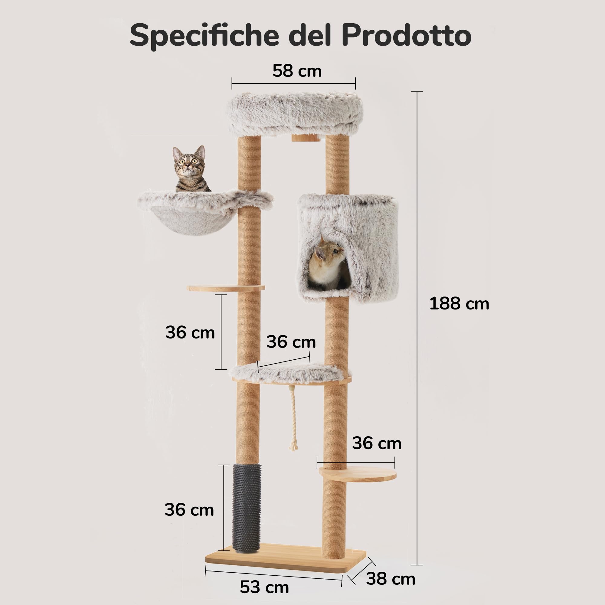 FUKUMARU Castello Tiragraffi per Gatto da parete(188CM) Albero Tiragraffi per Gatti Multilivelli Fatto in Legno di Massello e Iuta.Castello con Cuccia, Amaca,Trespolo,Piattaforme e Spazzola per Gatti.