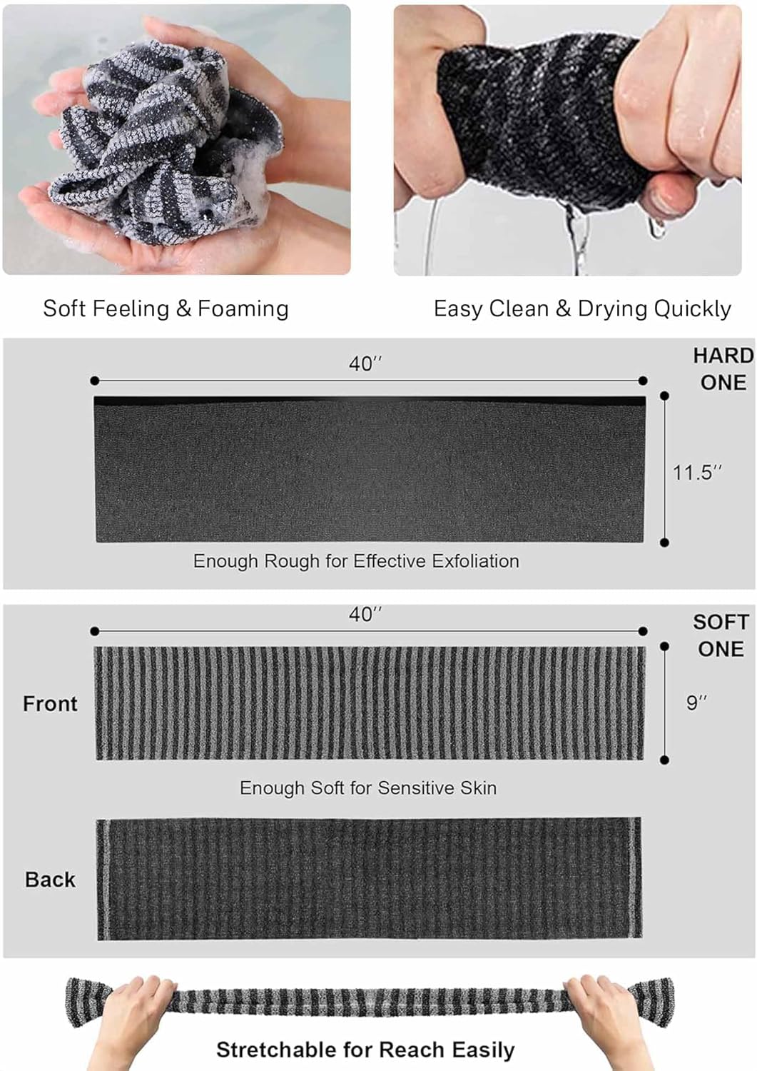Yiclick Exfoliating Washcloth Towel, Back Scrubber for Shower for Women, Exfoliating Body Scrubber, Loofah Sponge Wash Cloth, Korean Japanese Exfoliating Shower Towel, Exfoliator Washer for Bath
