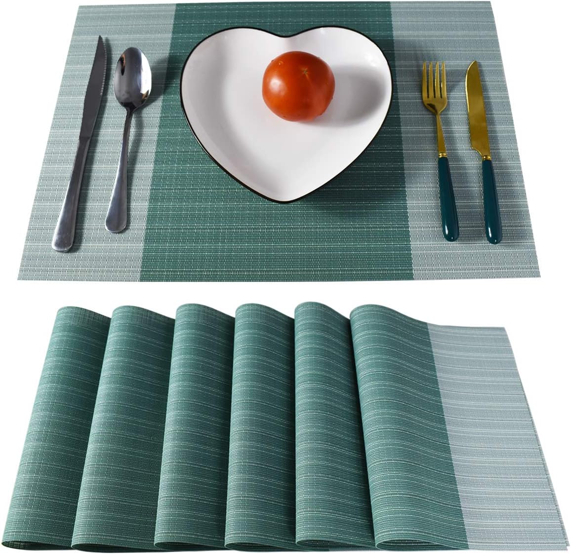 Non-Slip Placemats Set of 6, Heat Stain Ressietant Wipeable Kitchen Dining Table Decorations Easy to Clean Mats, Anti-Skid Vinyl Washable Place Matt (Cotton Like -Green)