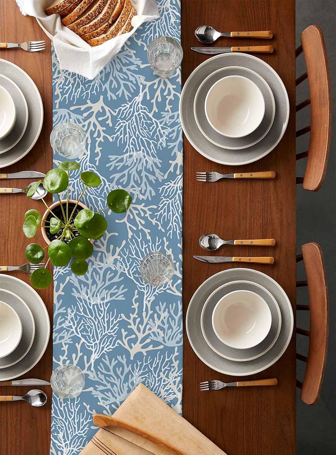 Blue Coral Coastal Table Runner - 120 Inch Long Ocean Nautical Seaside Beach Cotton and Linen Blended Dress Scarves Farmhouse Table Runner for Kitchen Dining, Coffee Table, 13" x 120"