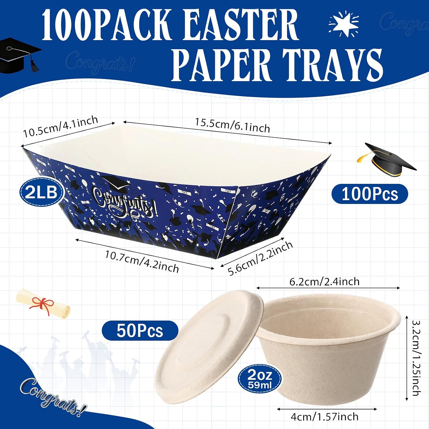 Vesici 100 Pcs 2lb Graduation Paper Food Tray Disposable Food Boats with 50 Pcs 2oz Sauce Cups with Lids Paper Boat Tray Set for Serving Snacks Dessert Hot Dogs Graduation Party Favor Decorations