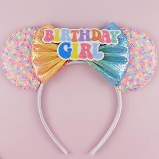Mouse Ears Headband, Princess Pink Headbands for Women Birthday Party, Sequin Bows Headwear Hair Accessories- Birthday Headband