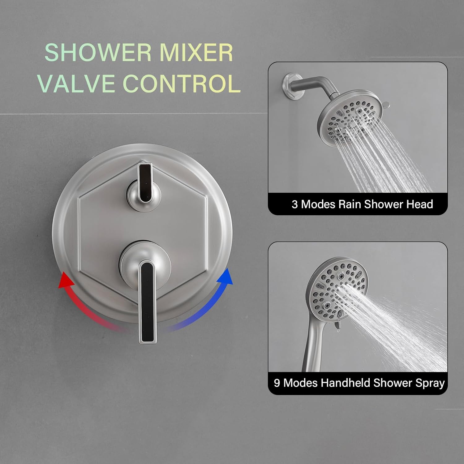 Diagram of the BWE shower mixer valve control, showing how to adjust temperature and switch between the rain shower head and handheld shower.