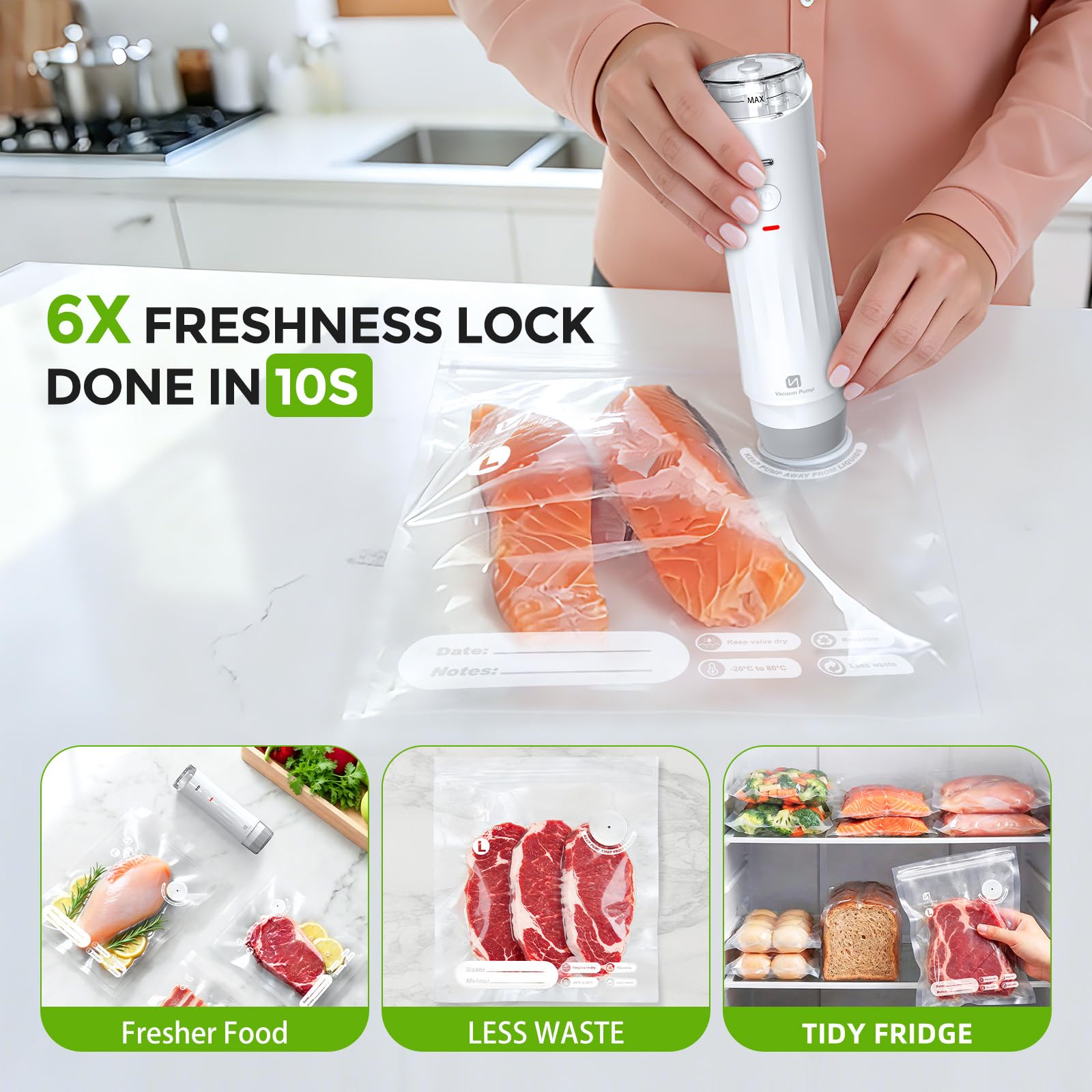Mini Handliche Vakuumiergerät Tragbarer Vacuum Sealer mit einem sichtbaren Wassertank ausgestattet und wird mit 15 wiederverwendbaren Vakuumbeuteln und 10 Einmachglasdeckeln für Küche Reisen