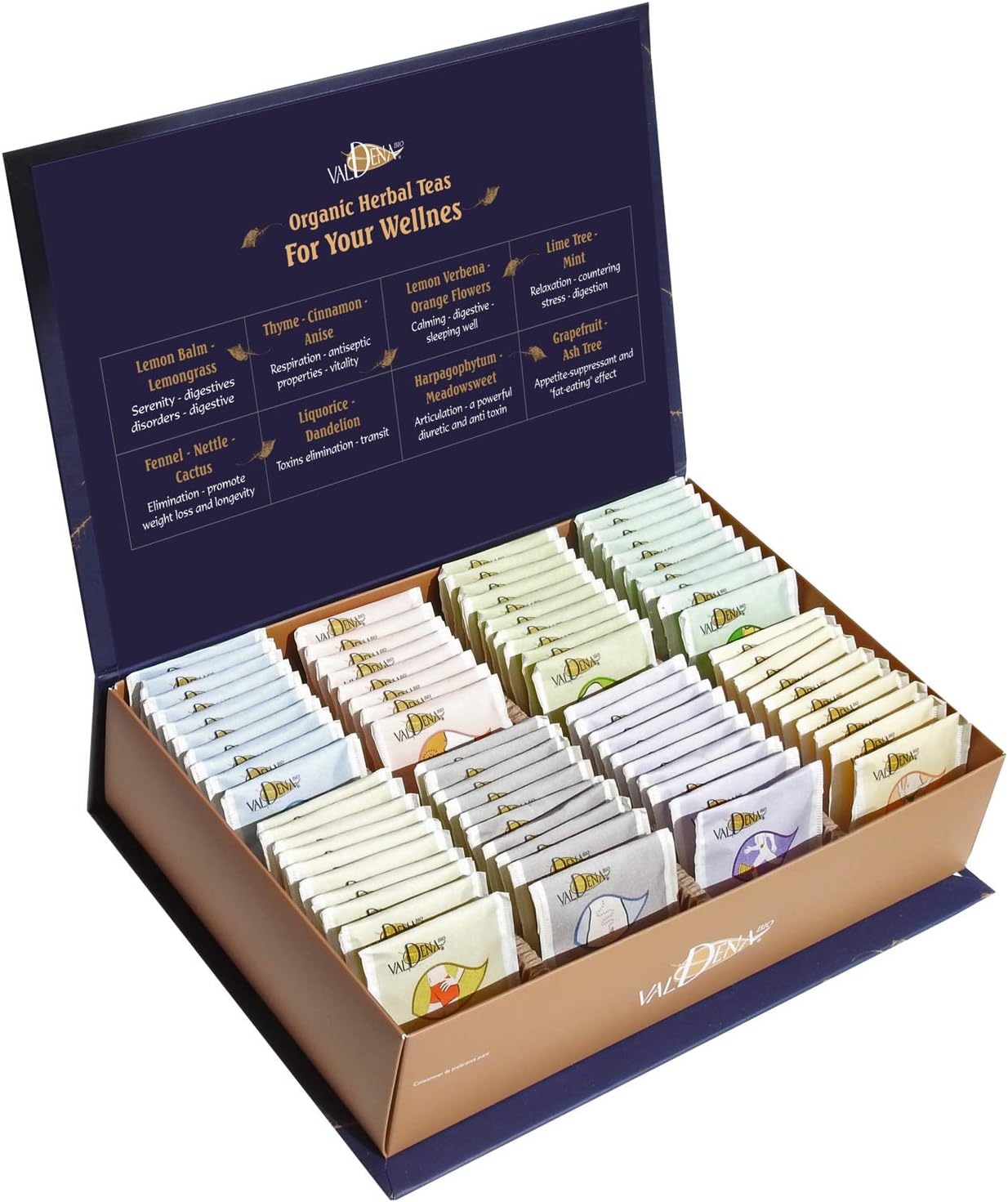 VALDENA BIO Tea Sampler Gift Set, Organic Herbal Tea Variety Pack, (8 organic assorted tea flavors, 64 individually wrapped tea bags) Caffeine free tea sets for women, tea collection gifts for women
