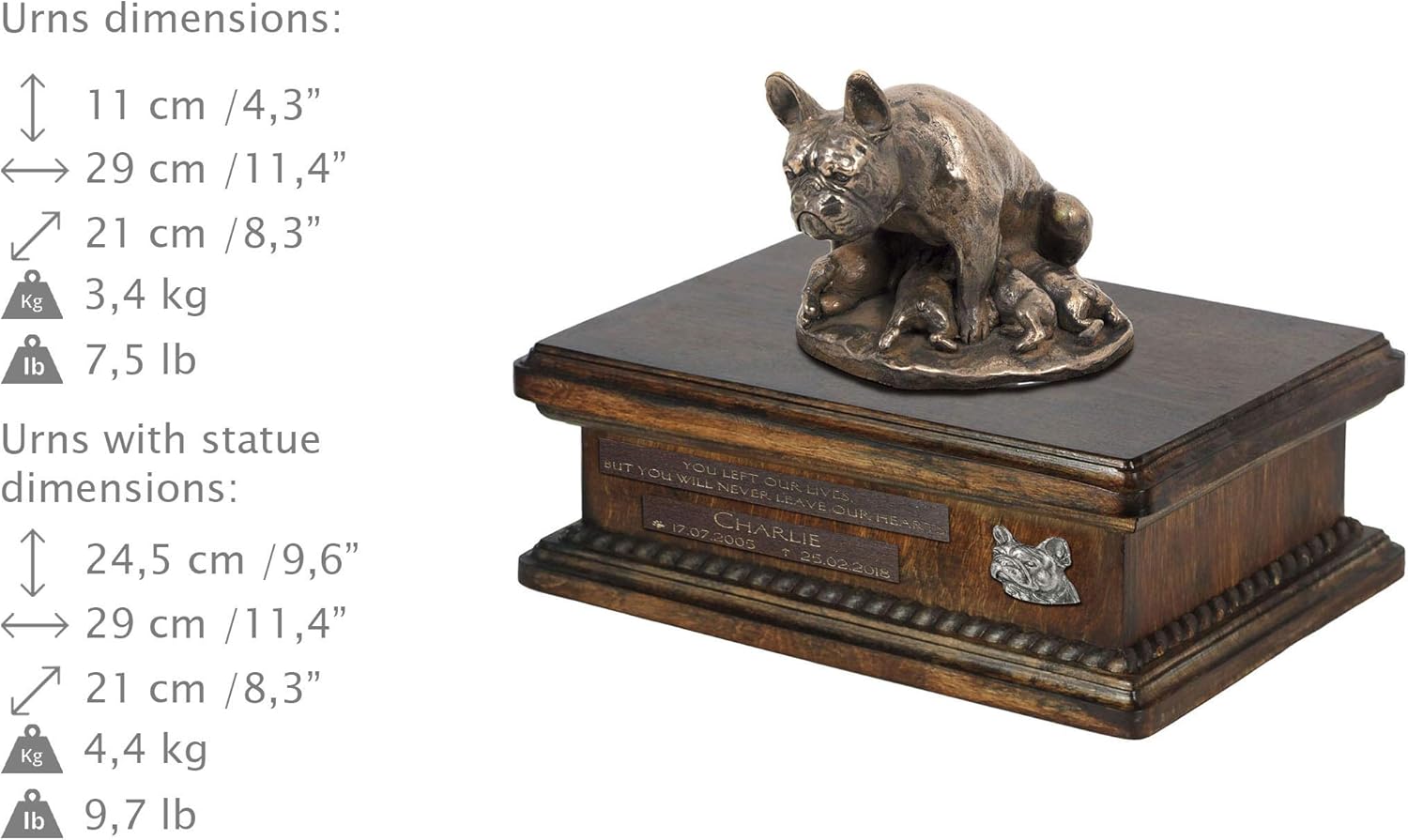 Art-Dog Custom Dog Sitting Statue Memorial Urn - Handmade Cold Cast Bronze on Birch Base – Sturdy and Stylish Urn for Dog’s Ashes – 8.3x11.4x8.7 – 5l – French Bulldog II