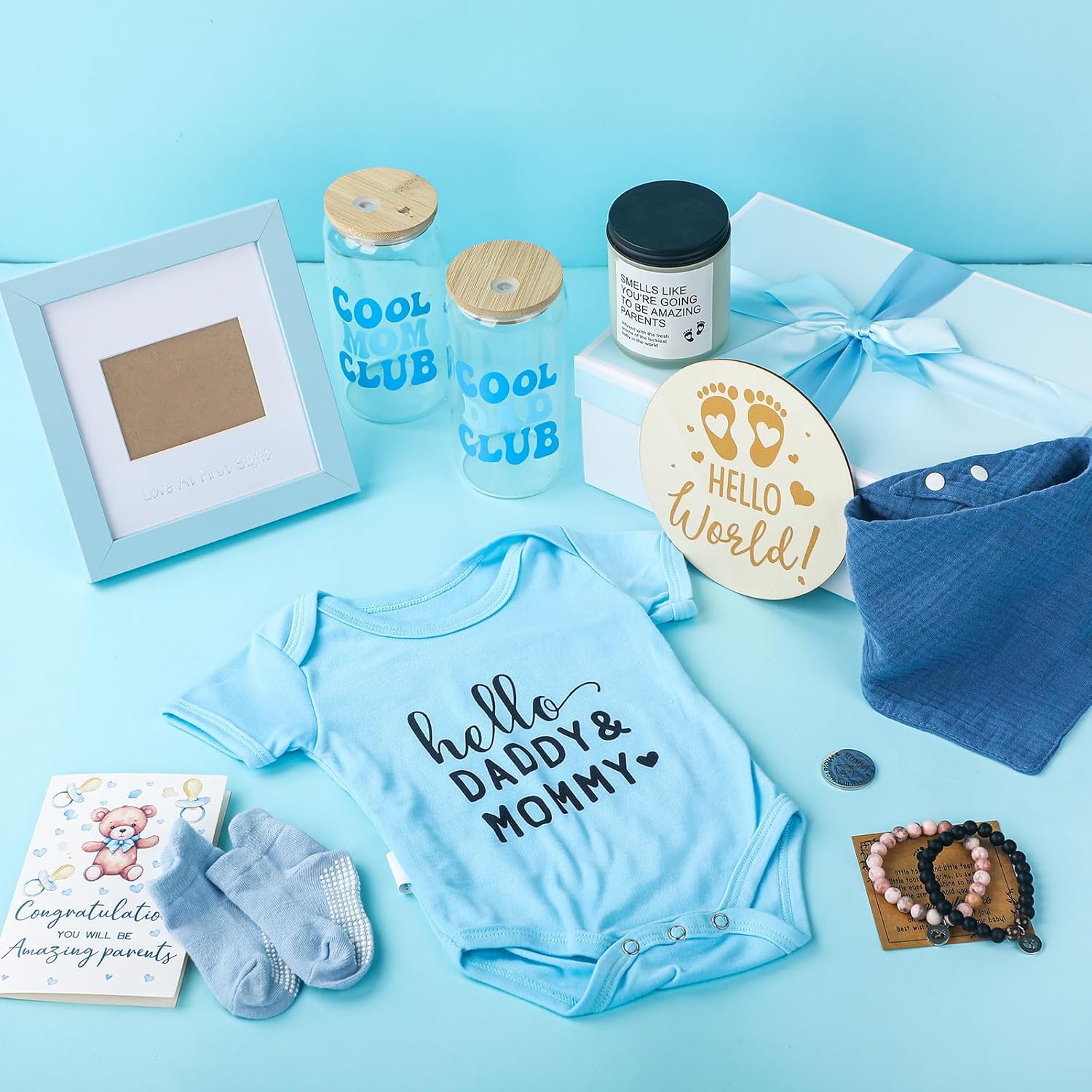 13 Pcs New Mom Gifts for Boys Baby Shower Basket Gift Pregnancy New Parents Basket Gift for Couples Gender Reveal Gifts with Mom and Dad Baby Showers Care Package for First Time Moms