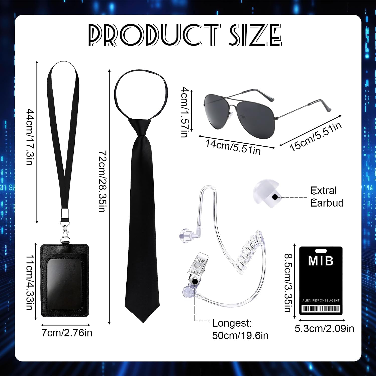AetMvt 6 PCS Men in Black Costume, Agent Costume with Black Sunglasses Tie Fake Earphone Earplugs ID Card and Card Lanyard - Image 2