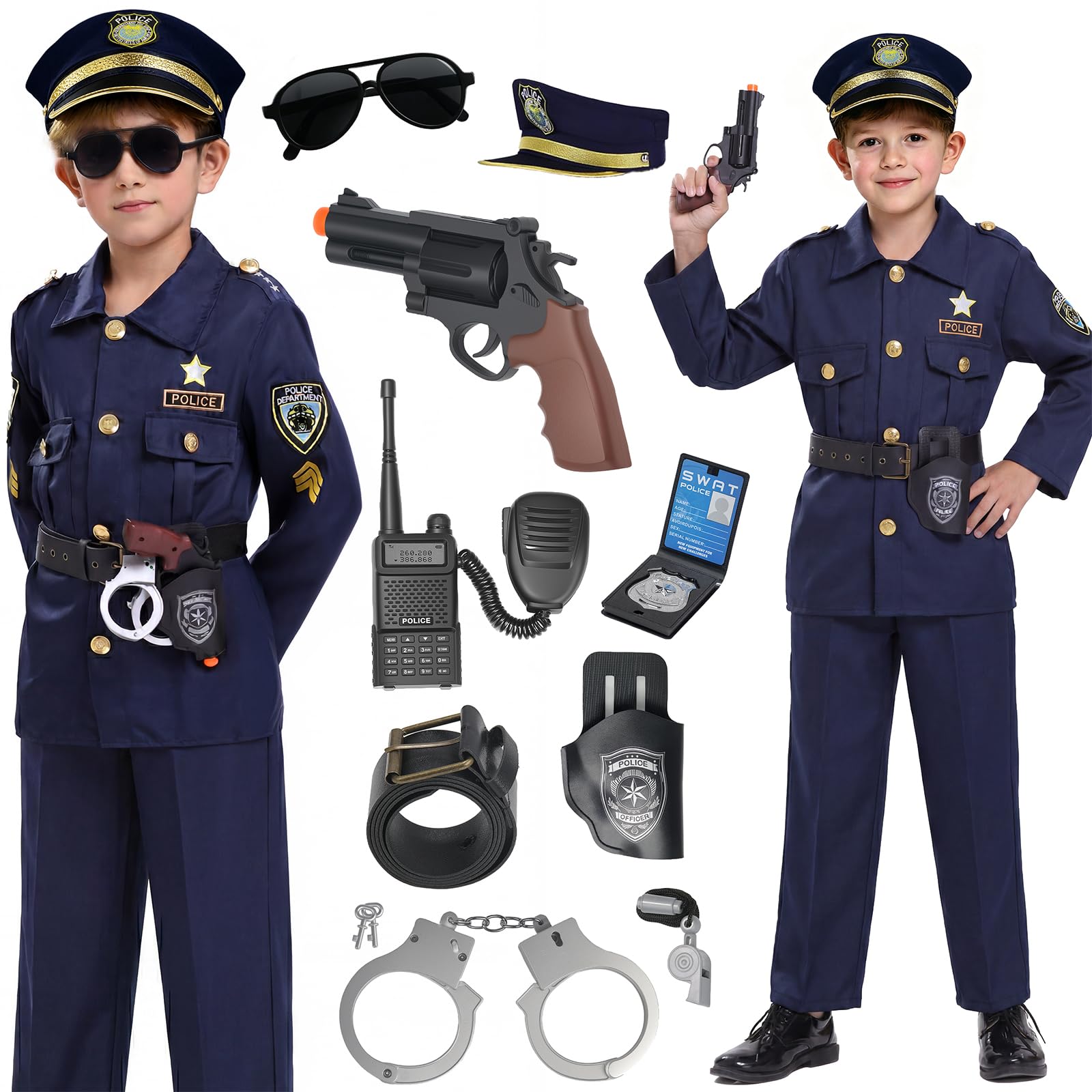 Police Officer Costume for Kids, Cop Costume Outfit Set with Accessories | BIBUTY Kids Halloween Costumes for Boys Girls, Police Costume Role Play Kit for Halloween Career Day