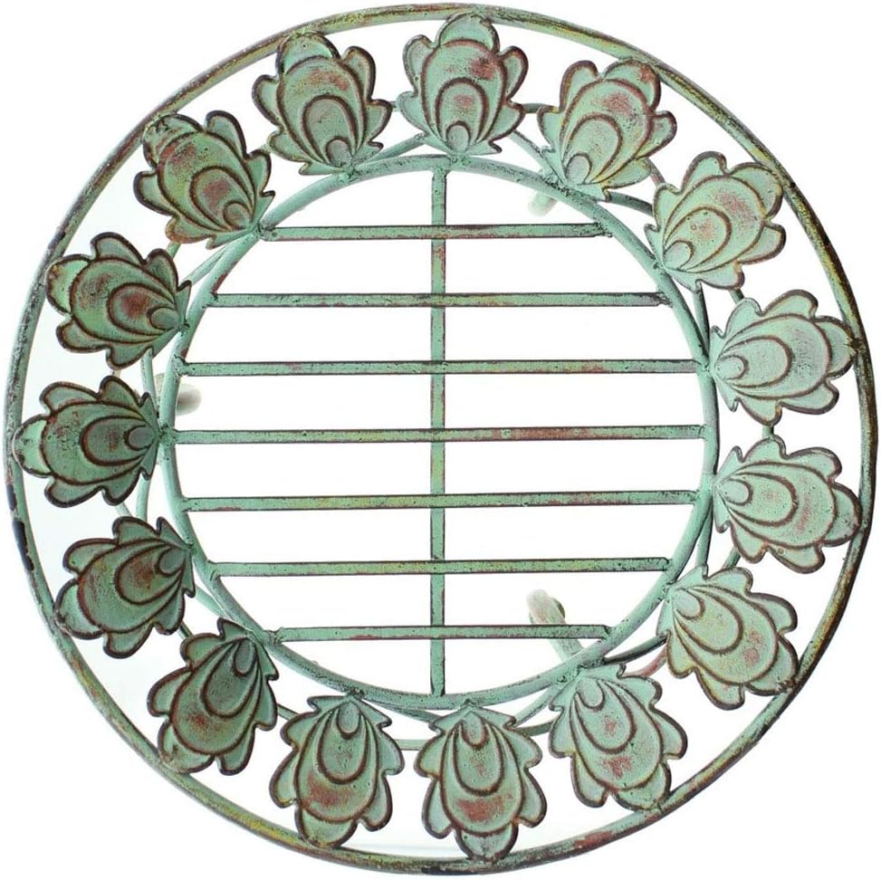 13" Round Metal Plant Stand for Indoor Outdoor Garden Balcony Patio Living Room Office w/ Peacock Tail Motif and Curved Legs