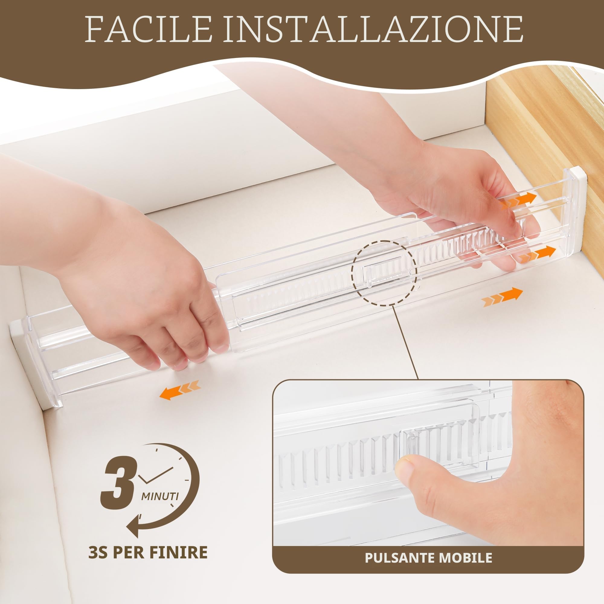 4 Pezzi Divisori per Cassetti Regolabili, alti 8cm, Regolabile da 28,5 a 50,5 cm, Cassetti in Trasparente Separatori, Divisori per Cassetti in Plastica per Camera da Letto Bagno Cucina