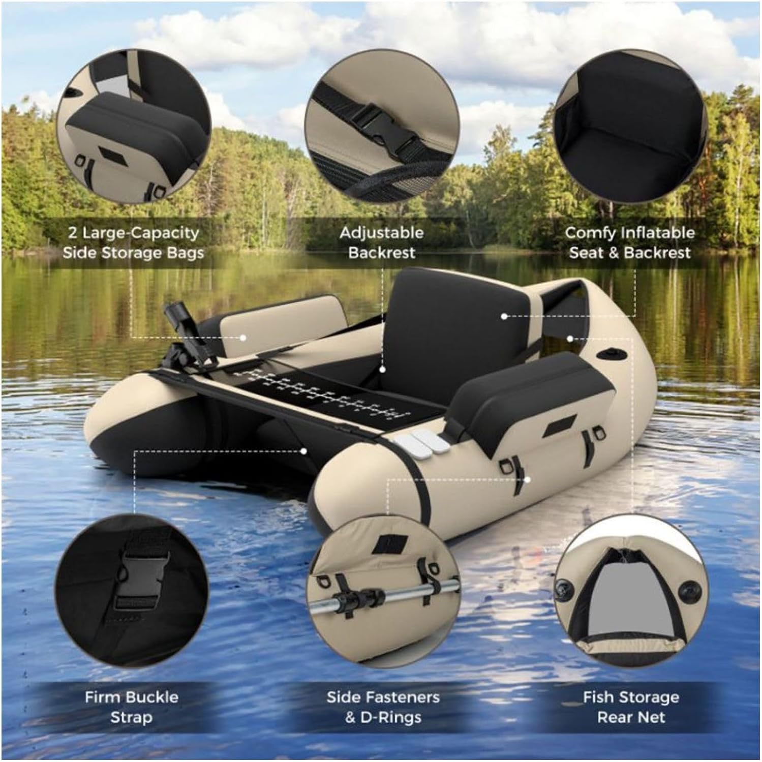 Inflatable Fishing Float Tube - 350lbs Capacity with Pump, Storage & Fish Ruler