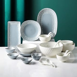 Dinnerware Sets Dish Set,Ceramics Dinner Sets,42 Pieces Nordic Minimalist Style Cereal Bowl and Steak Plate | Relief Porcelain,