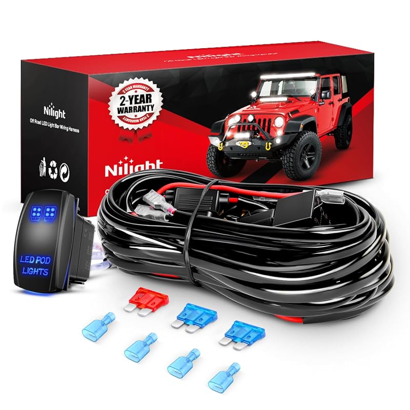 Kit Chicote Elétrico Nilight 16 AWG com 2 Saídas, Relé, Fusível e Interruptor LED de 5 Pinos 12 V
