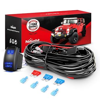 Nilight 16AWG LED POD Lights Wiring Harness Kit LED Light Bar 12V 5Pin Rocker Switch Laser On Off Waterproof Toggle Switch Power Relay Blade Fuse-2 Leads, Black