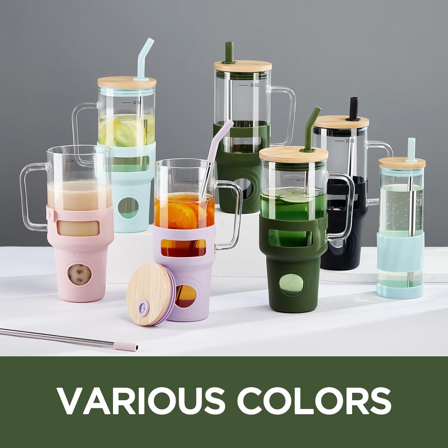 Glass Tumbler with Straw and Lid, 32oz Reusable Iced Coffee Tumbler with Handle Purple, Glass Water Bottles Fit in Cup Holder, Smoothie Cup with Lid, Clear Water Bottle with Straw - Image 5