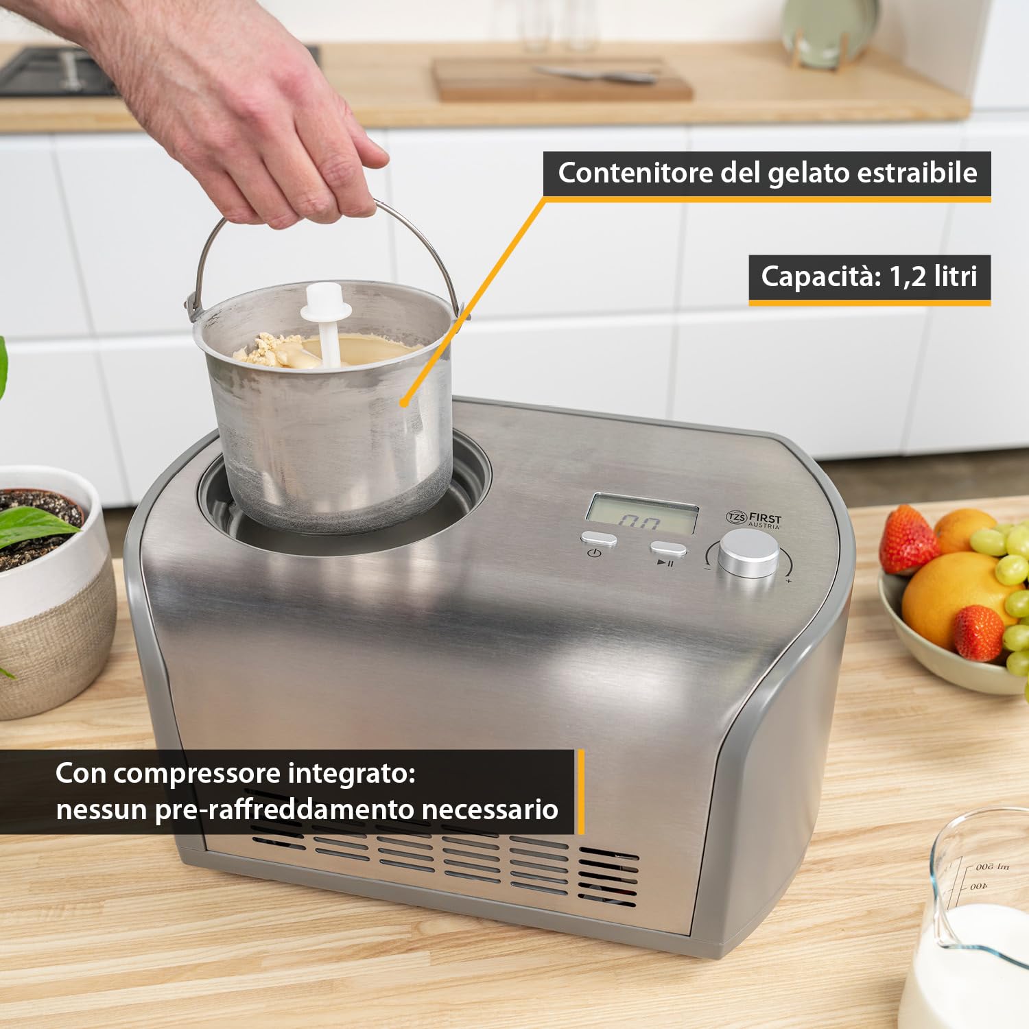 TZS First Austria Macchina per Gelato 1,2L - 135W - Compressore e Funzione Raffreddamento - Gelatiera per Gelato, Sorbetto o Frozen Yogurt - Cestello in Acciaio Inox - Grigio