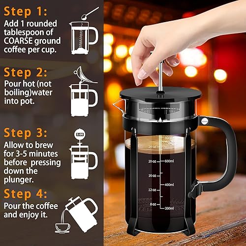 Miniatura 5 de YMMIND French Press Coffee Maker 304 Stainless Steel Coffee Press,with 4 Filters System, Heat Resistant Thickness Borosilicate French Press Glass,