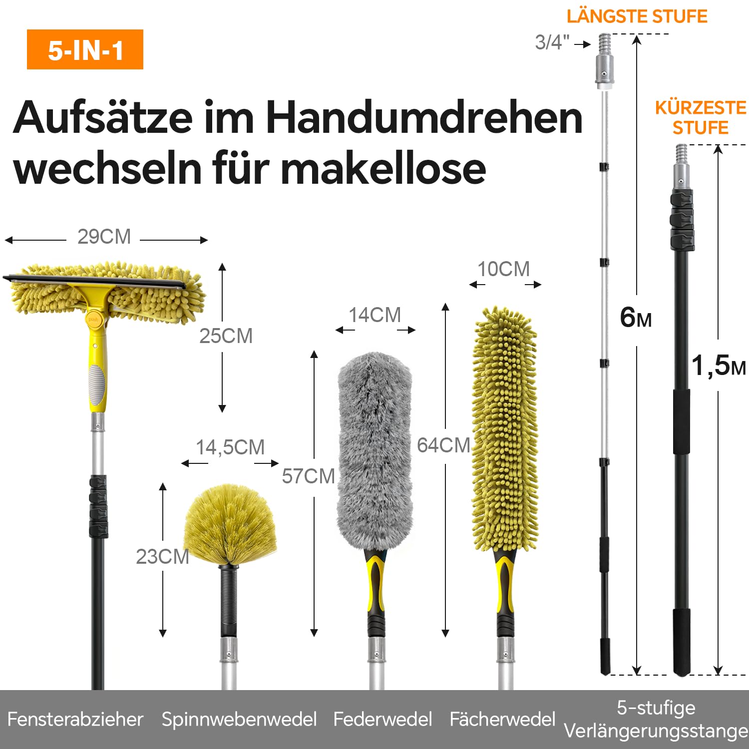 ARTIPOLY 6 m Staubwedel mit Teleskopstiel Set, 5-in-1 Staubwedel für hohe Reichweite mit Chenille Fensterabzieher und Mikrofaser Federstaubwedel für Decke und Wand im Innen- und Außenbereich, Gelb