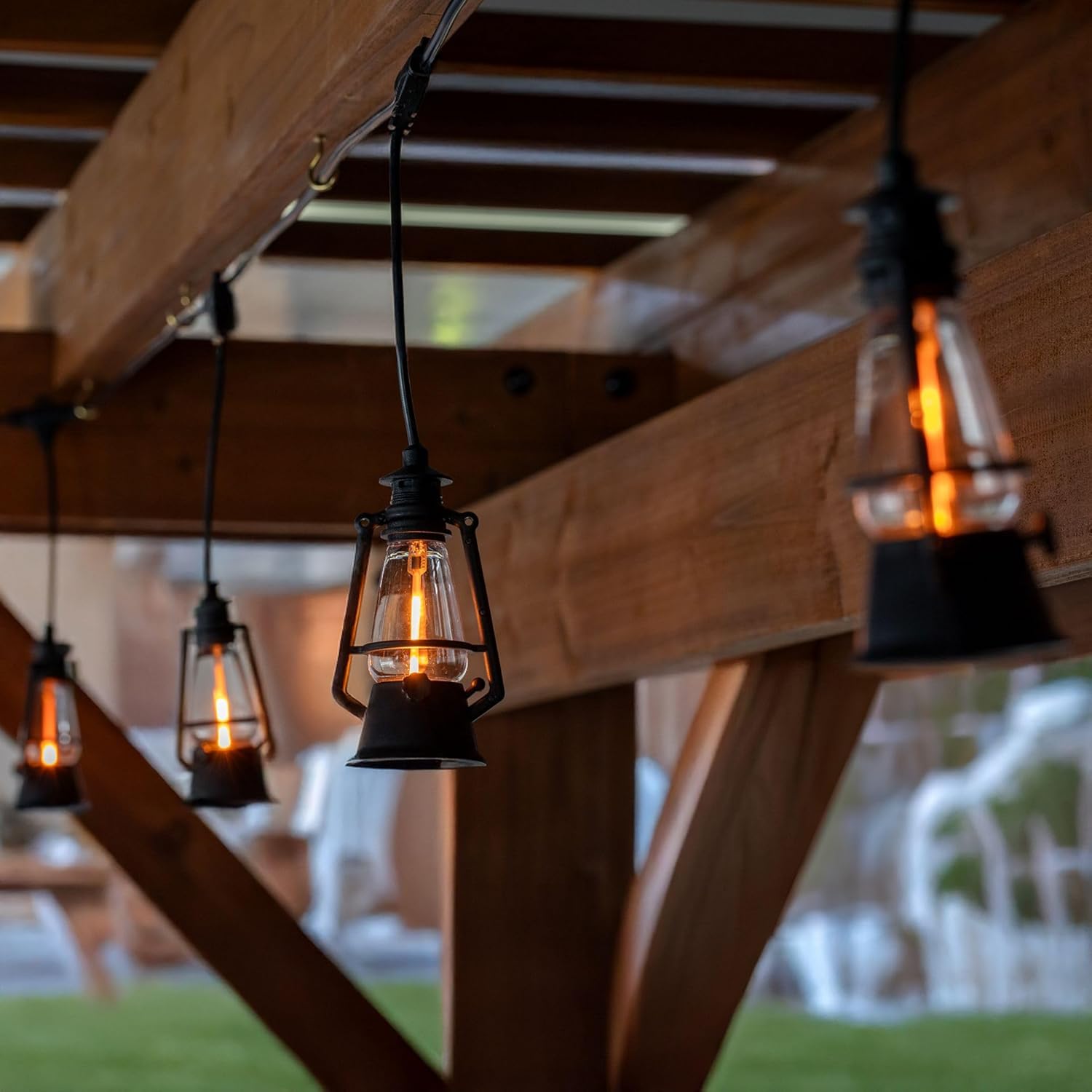 10 Light LED Flicker Flame Plastic Oil Lamp String Set, 20ft Black Wire – Indoor/Outdoor Vintage Flame Effect